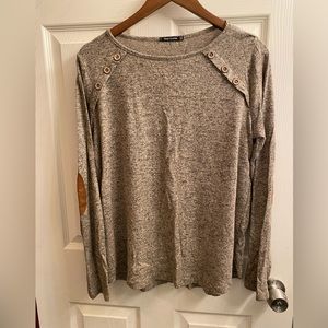 Pink Clover brand light weight sweater with elbow patches and button details.